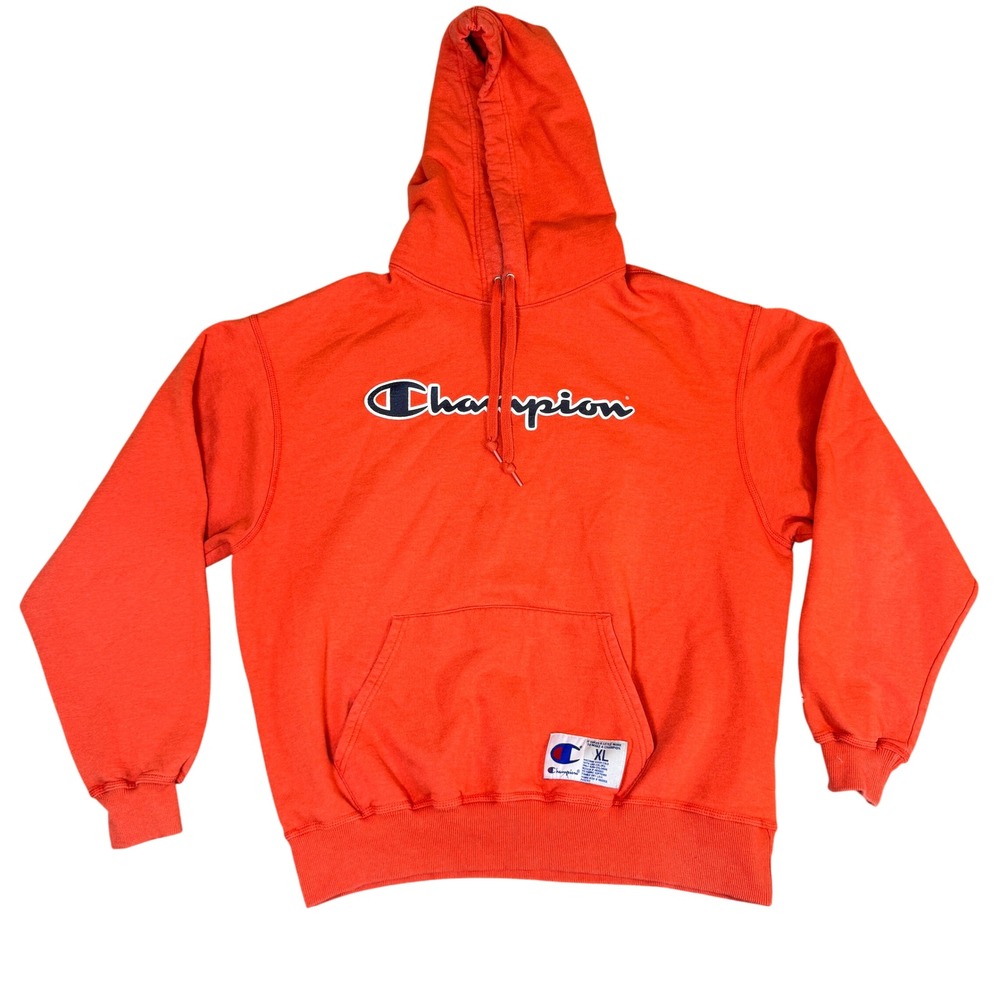 Champion Authentic Mens XL Orange Script Logo Pullover Hoodie Fleece GF53